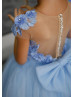 Blue Beaded 3D Flowers Tulle Flower Girl Dress With Glitter Train